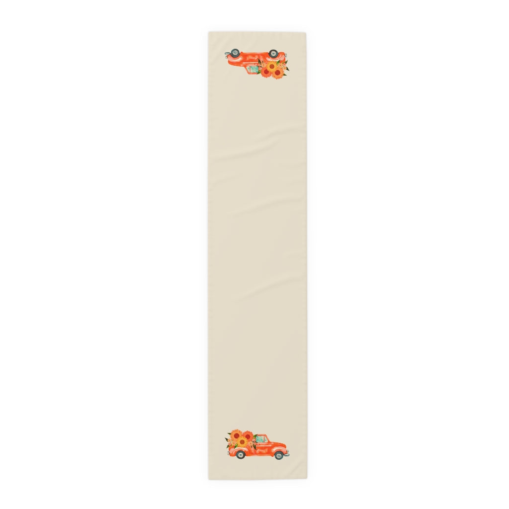 Lifestyle Details - Ecru Table Runner - Bright Orange Rustic Truck with Sunflowers - Large - Front View