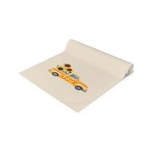 Lifestyle Details - Ecru Table Runner - Bright Yellow Rustic Truck with Sunflowers - Rolled Up