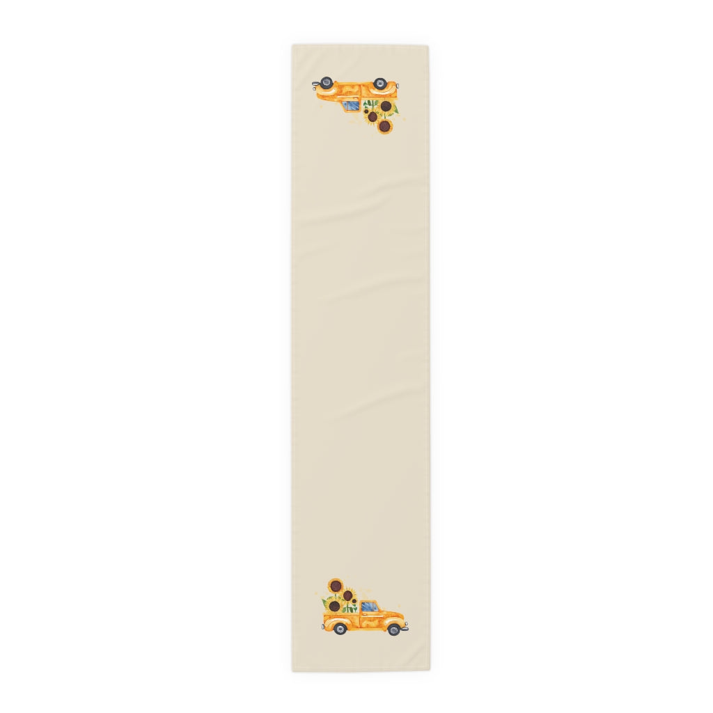 Lifestyle Details - Ecru Table Runner - Bright Yellow Rustic Truck with Sunflowers - Large - Front View