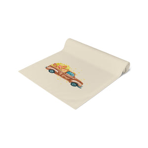 Lifestyle Details - Ecru Table Runner - Brown Rustic Truck with Leaves - Rolled Up