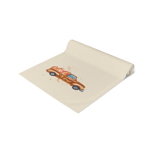 Lifestyle Details - Ecru Table Runner - Brown Rustic Truck with Pumpkins - Rolled Up