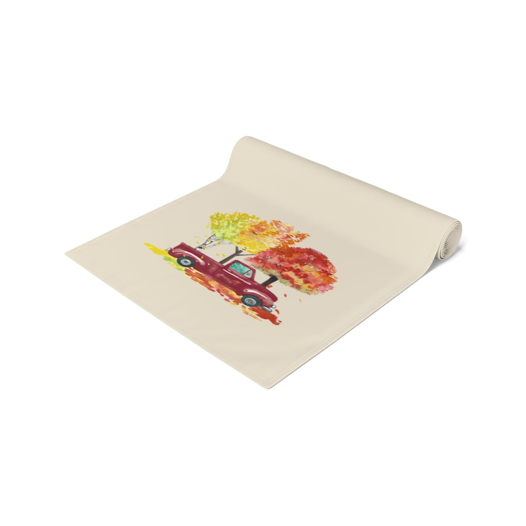 Lifestyle Details - Ecru Table Runner - Red Rustic Truck with Trees - Rolled Up