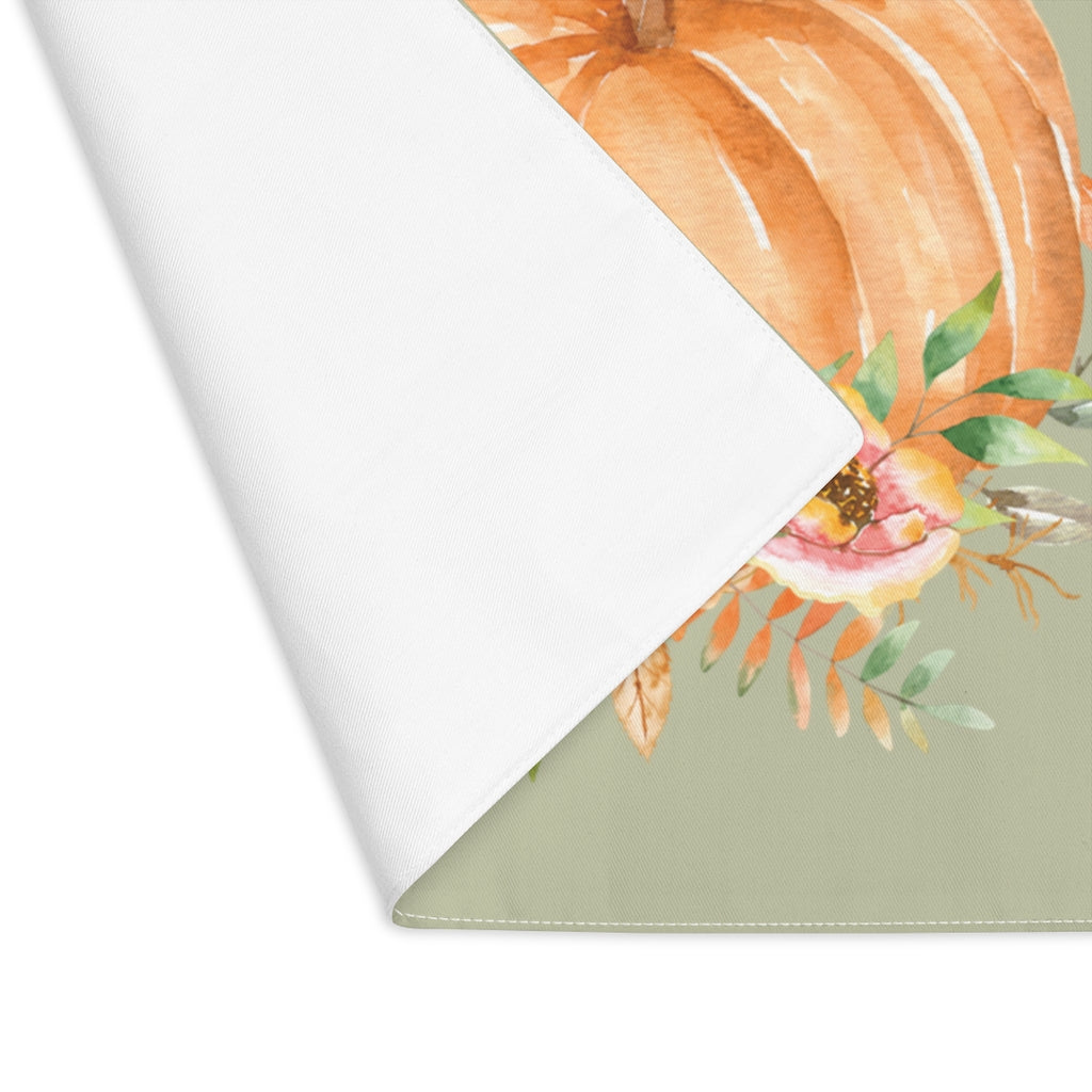 Lifestyle Details - Eucalyptus Table Placemat - Orange Pumpkins Watercolor Arrangement - Front View
