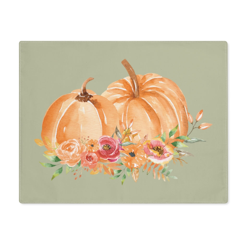 Lifestyle Details - Eucalyptus Table Placemat - Orange Pumpkins Watercolor Arrangement - Front View