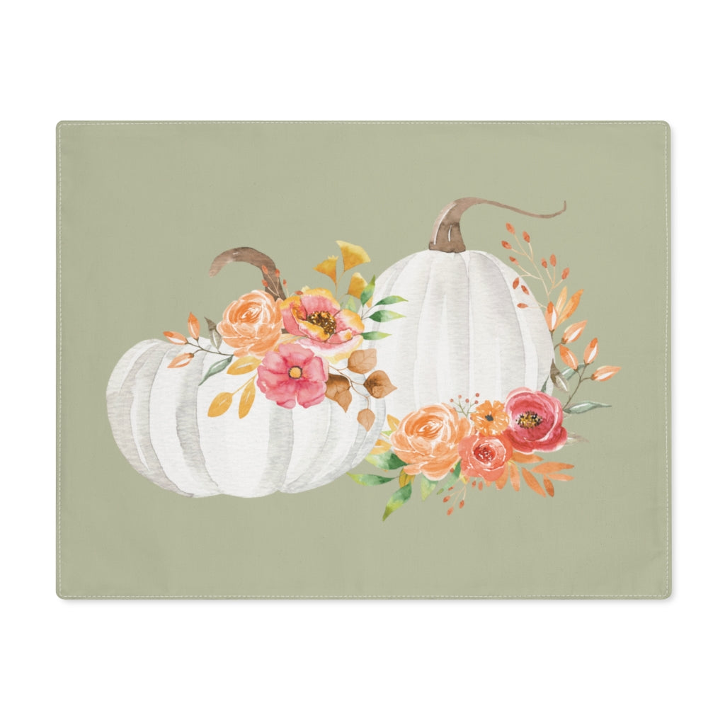 Lifestyle Details - Eucalyptus Table Placemat - White Pumpkins Watercolor Arrangement - Front View