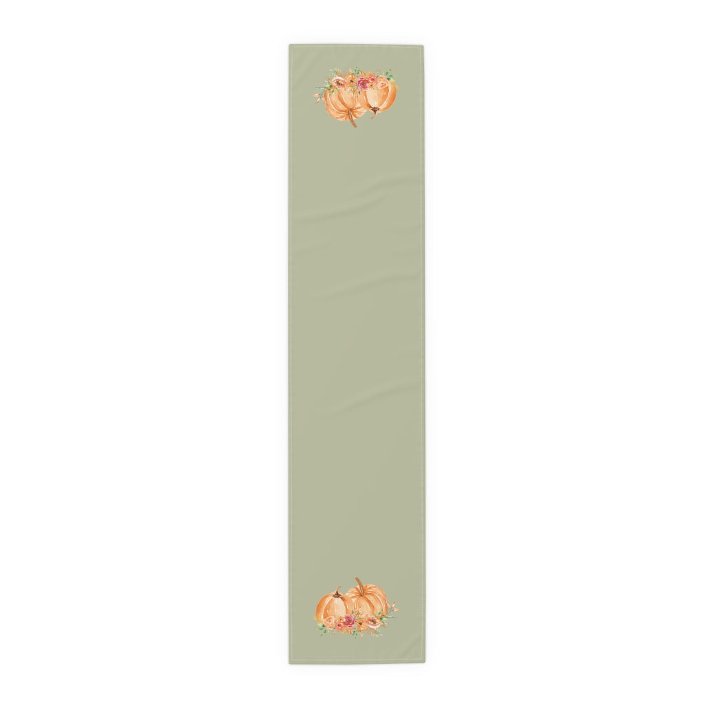 Lifestyle Details - Eucalyptus Table Runner - Orange Pumpkins Watercolor Arrangement - Small - Front View