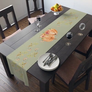 Lifestyle Details - Eucalyptus Table Runner - Orange Pumpkins Watercolor Arrangement & Leaves - In Use