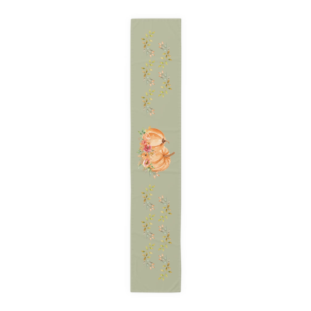 Lifestyle Details - Eucalyptus Table Runner - Orange Pumpkins Watercolor Arrangement & Leaves - Large - Front View