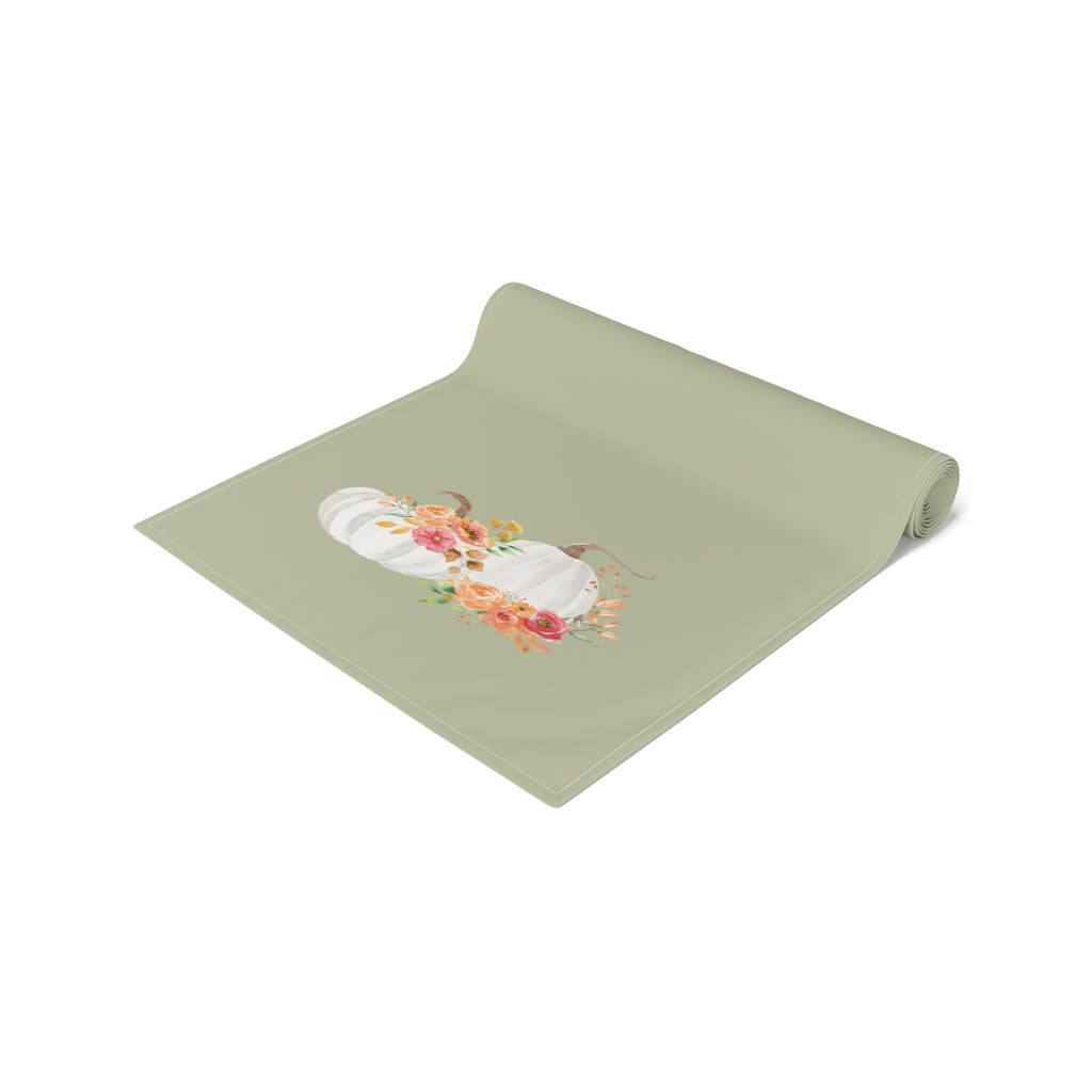 Lifestyle Details - Eucalyptus Table Runner - White Pumpkins Watercolor Arrangement - Rolled Up