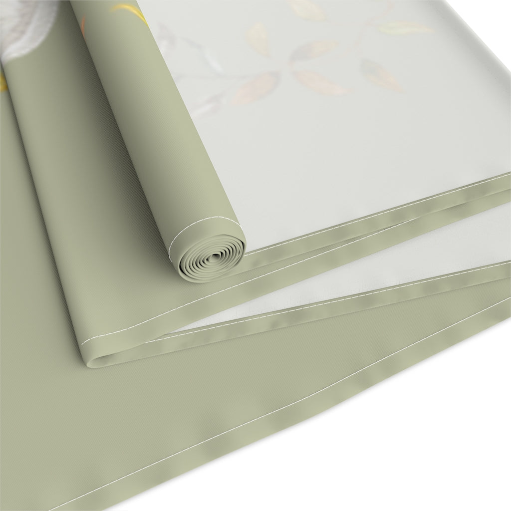 Lifestyle Details - Eucalyptus Table Runner - White Pumpkins Watercolor Arrangement & Leaves - Back View