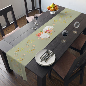Lifestyle Details - Eucalyptus Table Runner - White Pumpkins Watercolor Arrangement & Leaves - In Use