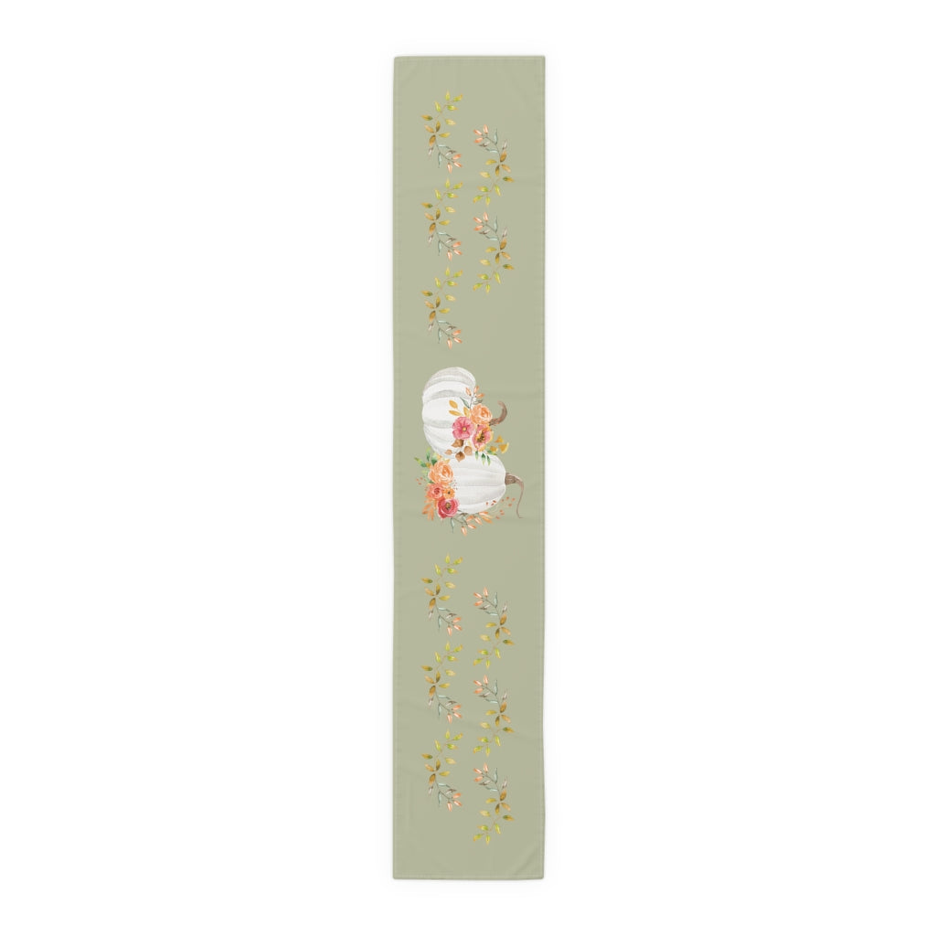 Lifestyle Details - Eucalyptus Table Runner - White Pumpkins Watercolor Arrangement & Leaves - Large - Front View