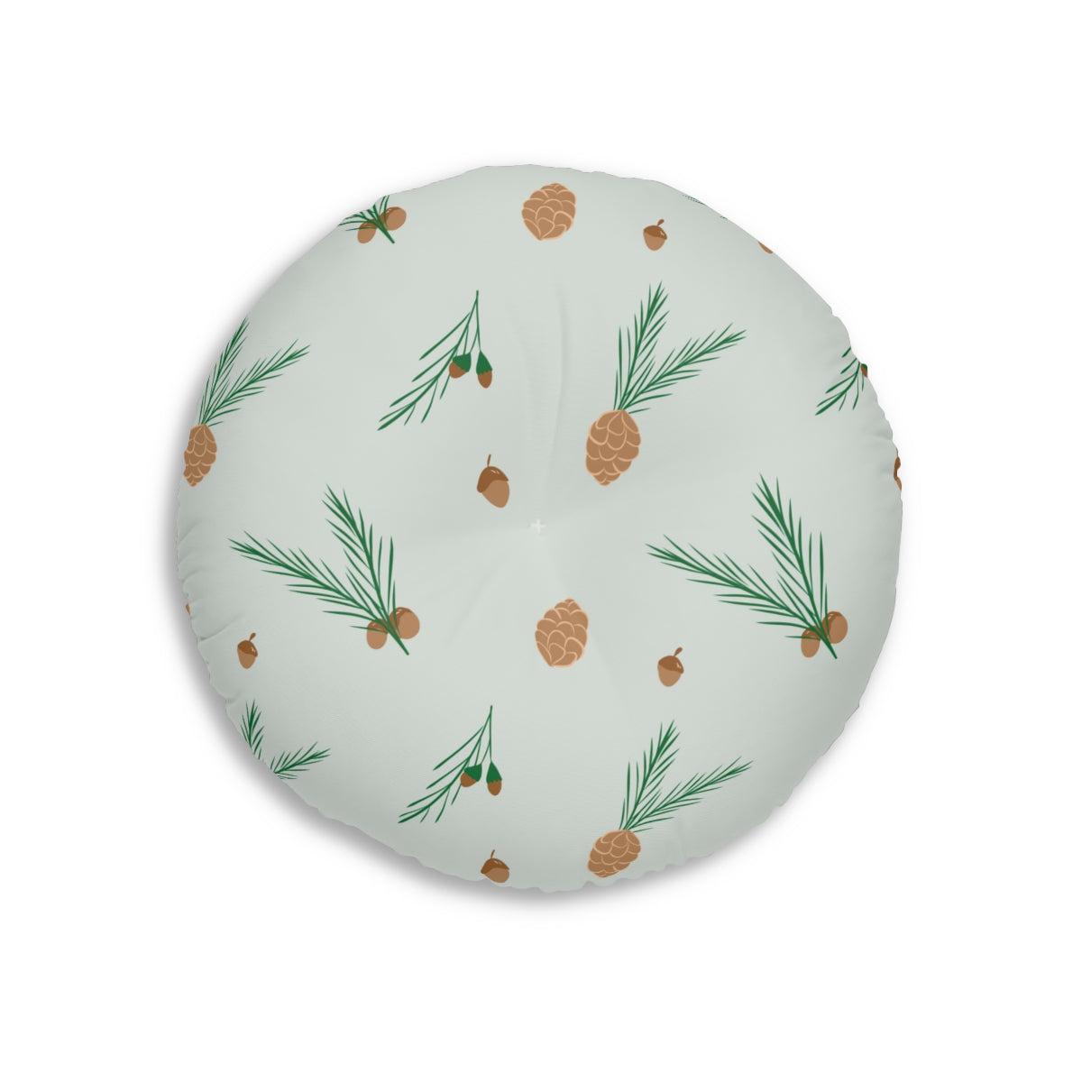 Lifestyle Details - Green Round Tufted Holiday Floor Pillow - Pinecones - 26x26 - Front View