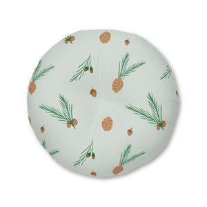 Lifestyle Details - Green Round Tufted Holiday Floor Pillow - Pinecones - 30x30 - Front View