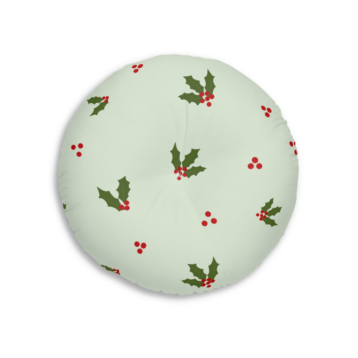 Lifestyle Details - Green Round Tufted Holiday Floor Pillow - Red & Green Holly - 26x26 - Back View