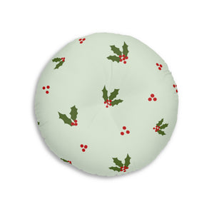 Lifestyle Details - Green Round Tufted Holiday Floor Pillow - Red & Green Holly - 26x26 - Back View