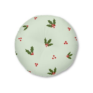 Lifestyle Details - Green Round Tufted Holiday Floor Pillow - Red & Green Holly - 26x26 - Front View