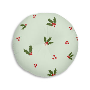 Lifestyle Details - Green Round Tufted Holiday Floor Pillow - Red & Green Holly - 30x30 - Back View