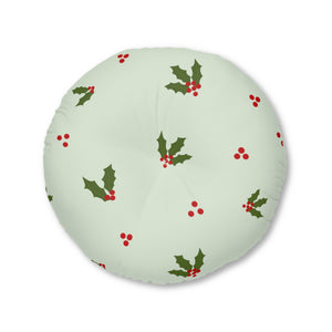 Lifestyle Details - Green Round Tufted Holiday Floor Pillow - Red & Green Holly - 30x30 - Front View