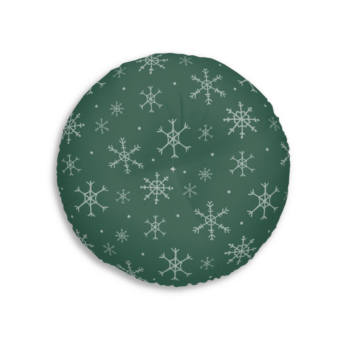 Lifestyle Details - Green Round Tufted Holiday Floor Pillow - Snowflakes - 26x26 - Front View