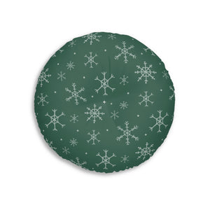 Lifestyle Details - Green Round Tufted Holiday Floor Pillow - Snowflakes - 26x26 - Back View