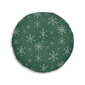 Lifestyle Details - Green Round Tufted Holiday Floor Pillow - Snowflakes - 30x30 - Back View