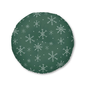 Lifestyle Details - Green Round Tufted Holiday Floor Pillow - Snowflakes - 30x30 - Front View