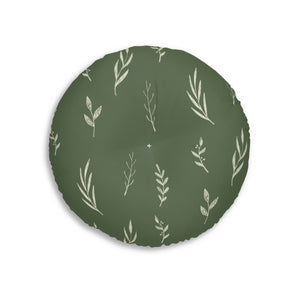 Lifestyle Details - Green Round Tufted Holiday Floor Pillow - White Garland - 26x26 - Back View