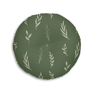 Lifestyle Details - Green Round Tufted Holiday Floor Pillow - White Garland - 30x30 - Back View