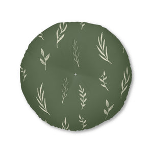 Lifestyle Details - Green Round Tufted Holiday Floor Pillow - White Garland - 30x30 - Front View