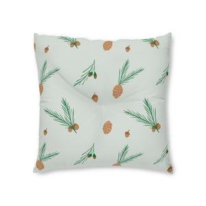 Lifestyle Details - Green Square Tufted Holiday Floor Pillow - Pinecones - 26x26 - Front View
