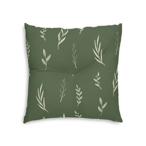 Lifestyle Details - Green Square Tufted Holiday Floor Pillow - White Garland - 26x26 - Back View