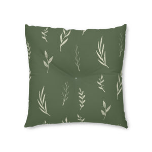 Lifestyle Details - Green Square Tufted Holiday Floor Pillow - White Garland - 26x26 - Front View