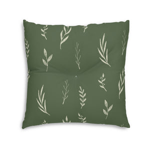 Lifestyle Details - Green Square Tufted Holiday Floor Pillow - White Garland - 30x30 - Back View
