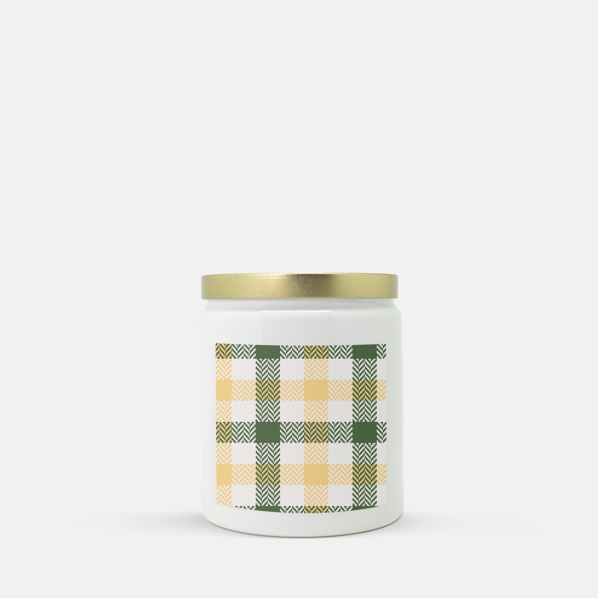 Lifestyle Details - Green & Yellow Plaid Ceramic Candle - Gold Lid - Vanilla Bean