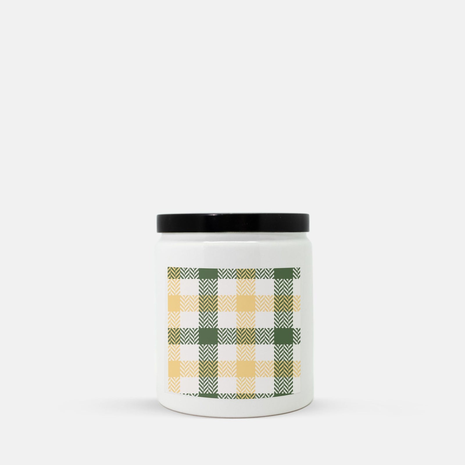 Lifestyle Details - Green & Yellow Plaid Ceramic Candle w Black Lid - Vanilla Bean