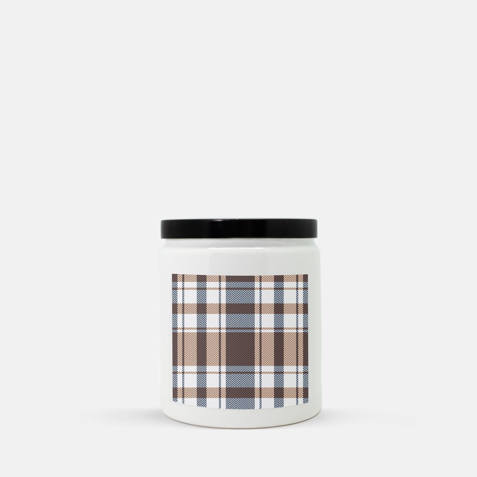Lifestyle Details - Navy & Brown Plaid Ceramic Candle w Gold Lid - Vanilla Bean
