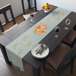 Lifestyle Details - Ocean Table Runner - Orange Pumpkins Watercolor Arrangement & Leaves - In Use