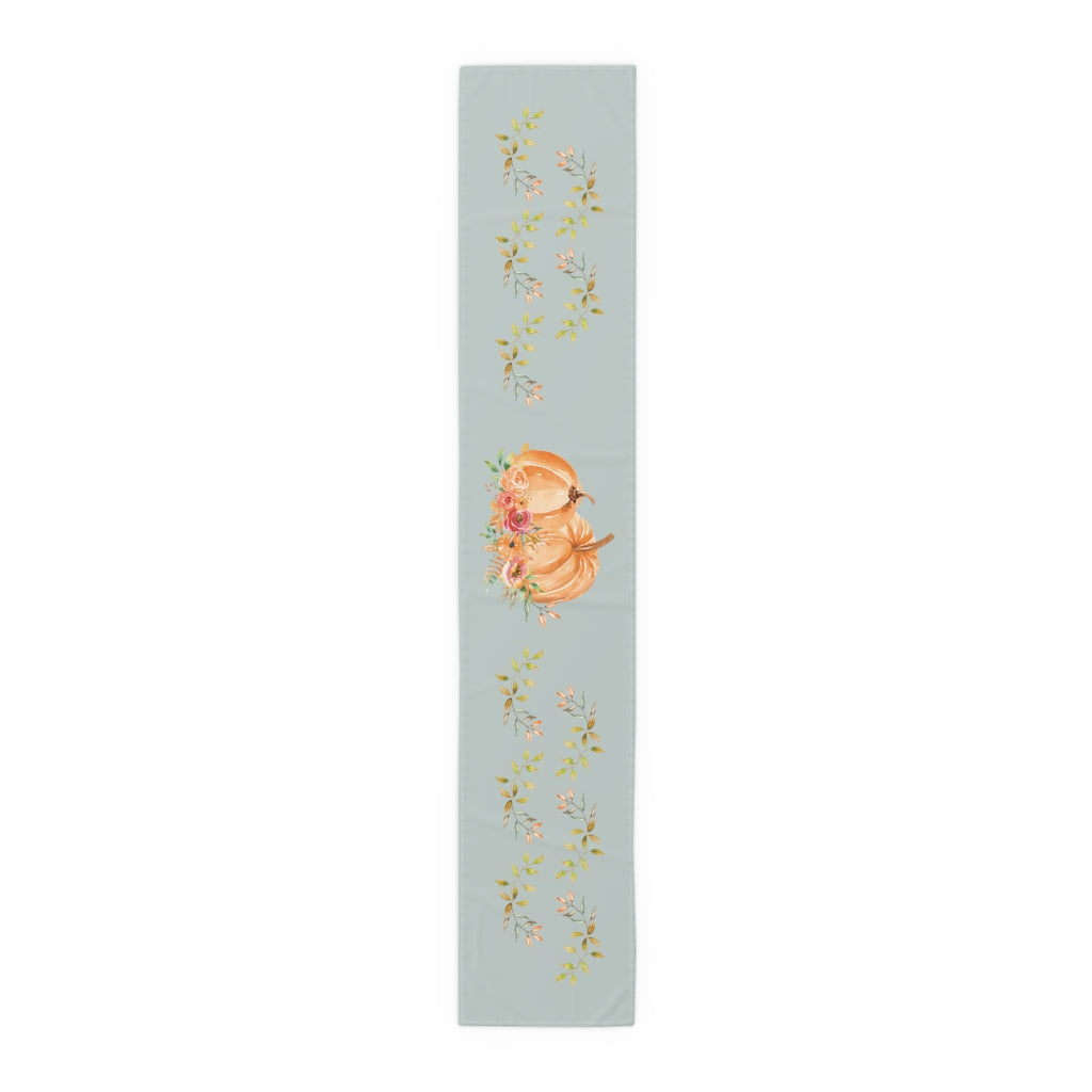 Lifestyle Details - Ocean Table Runner - Orange Pumpkins Watercolor Arrangement & Leaves - Large - Front View