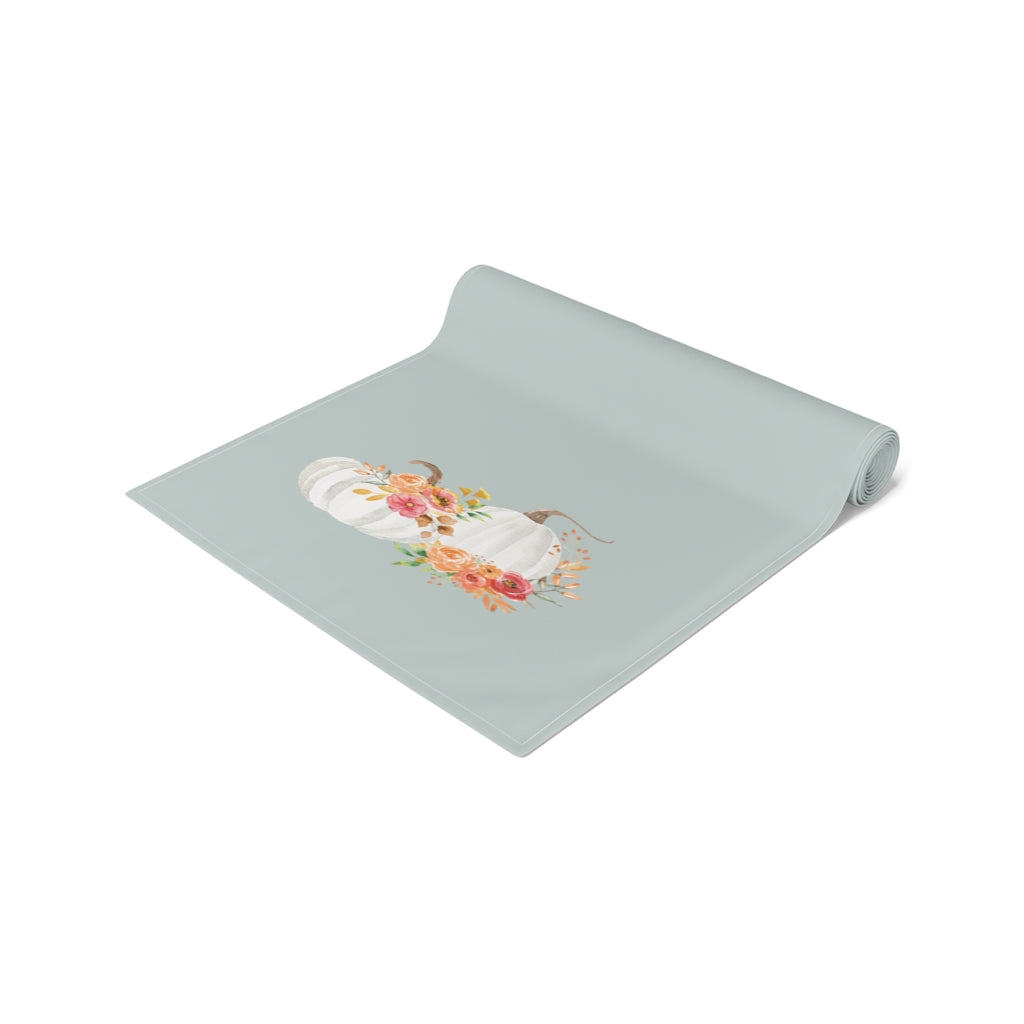 Lifestyle Details - Ocean Table Runner - White Pumpkins Watercolor Arrangement - Rolled Up