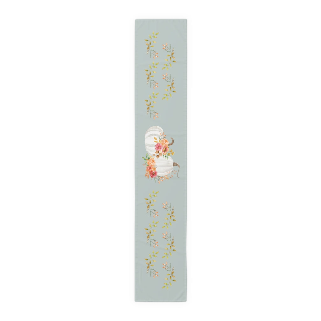 Lifestyle Details - Ocean Table Runner - White Pumpkins Watercolor Arrangement & Leaves - Large - Front View