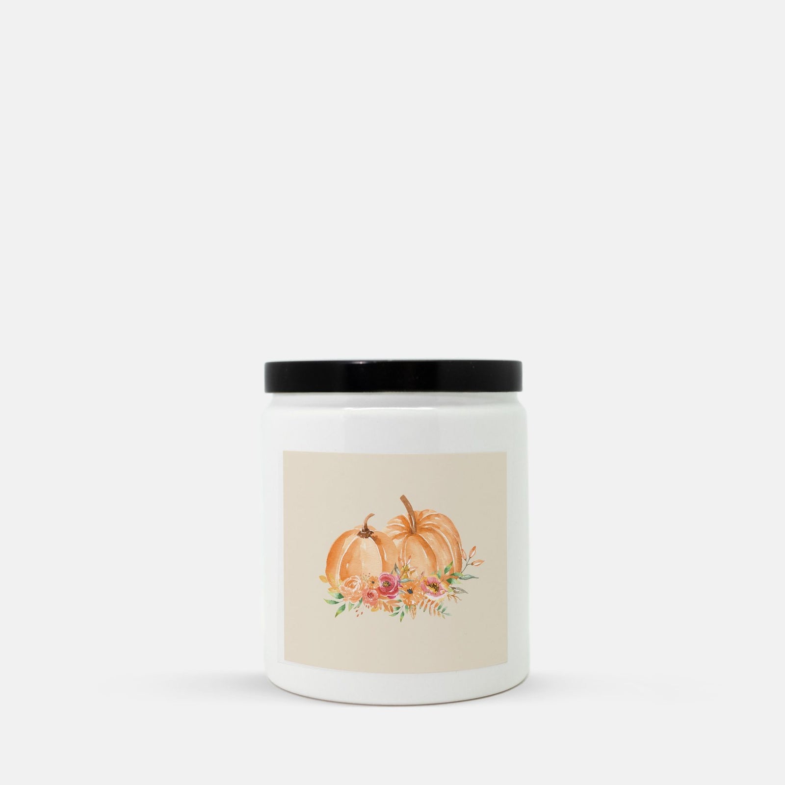 Lifestyle Details - Orange Pumpkins Watercolor Ceramic Candle w/ Black Lid - Macintosh