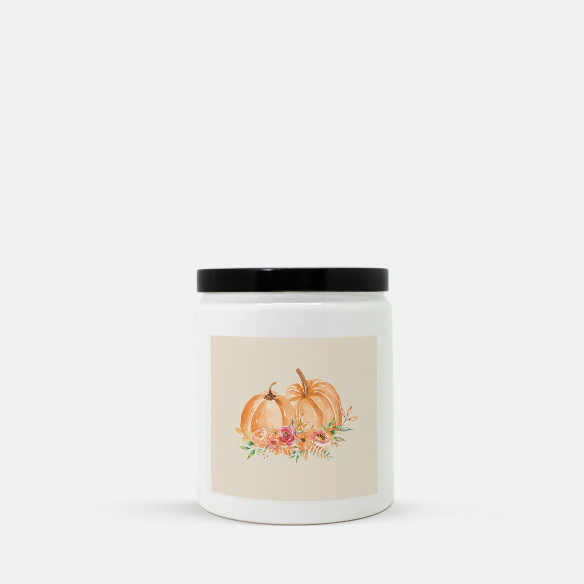 Lifestyle Details - Orange Pumpkins Watercolor Ceramic Candle w/ Black Lid - Vanilla Bean
