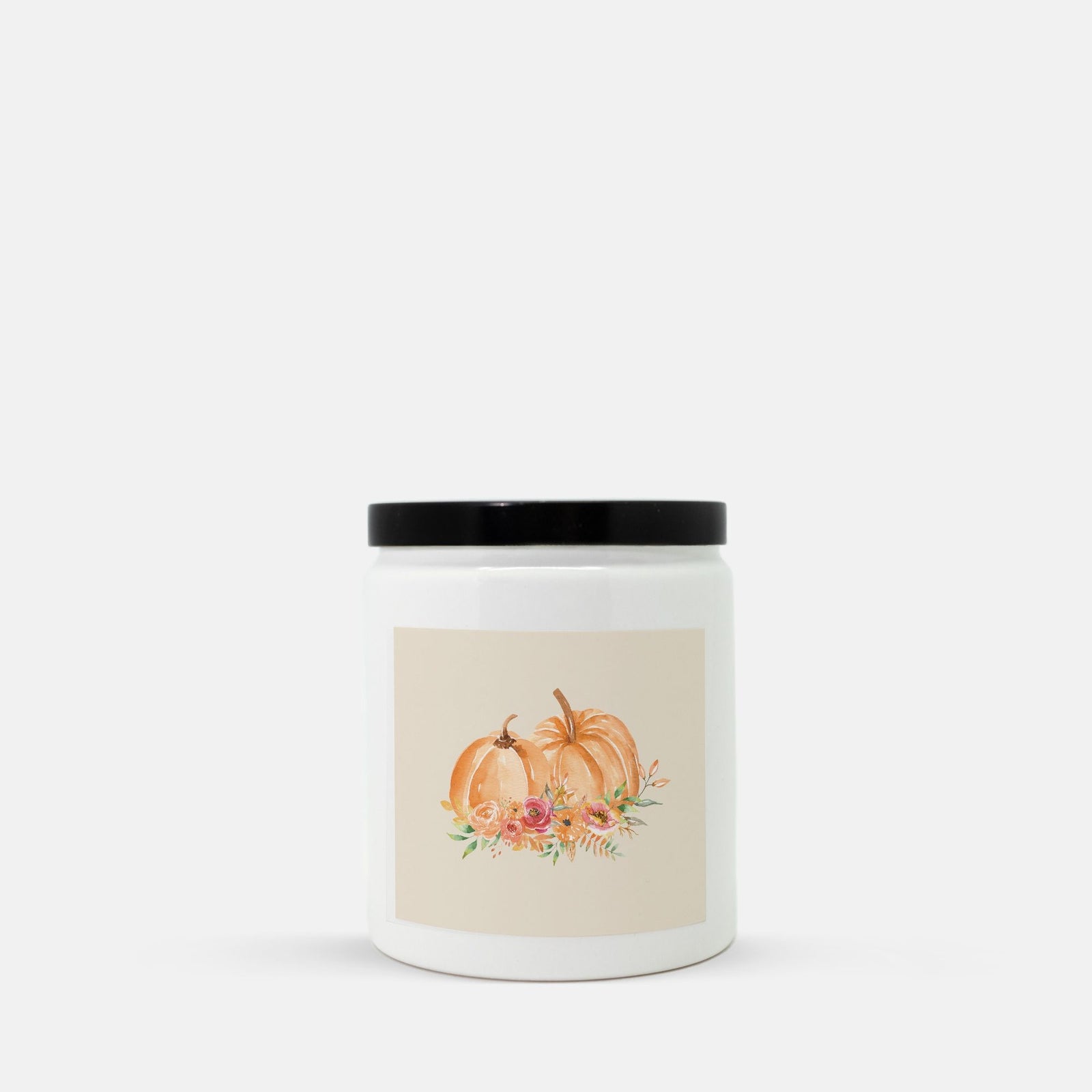Lifestyle Details - Orange Pumpkins Watercolor Ceramic Candle w/ Black Lid - Vanilla Bean