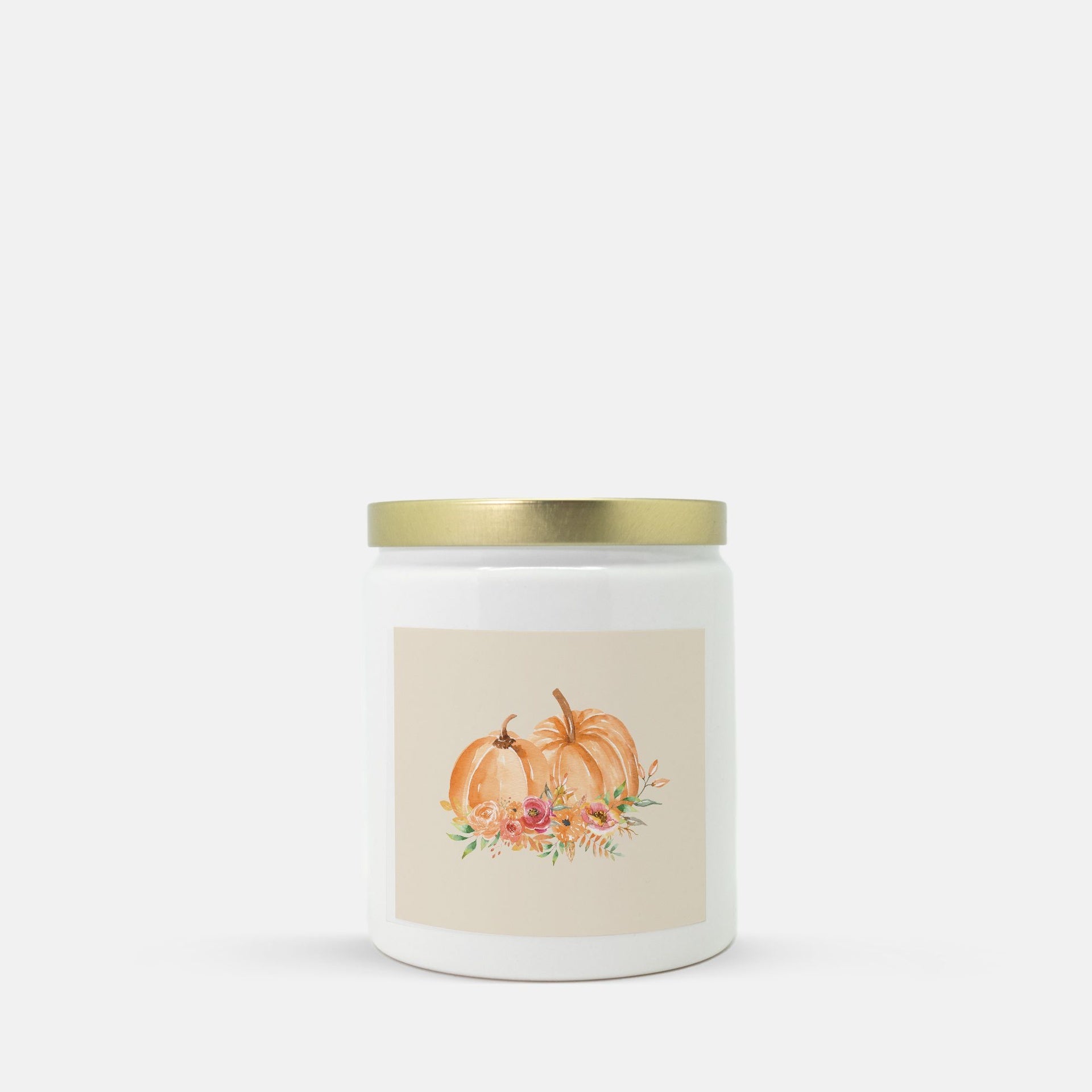 Lifestyle Details - Orange Pumpkins Watercolor Ceramic Candle w/ Gold Lid - Macintosh