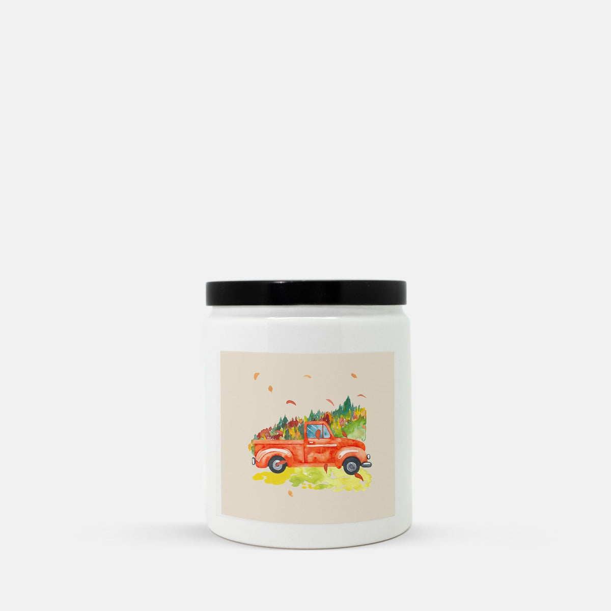 Lifestyle Details - Orange Rustic Truck & Leaves Ceramic Candle w Black Lid - Macintosh