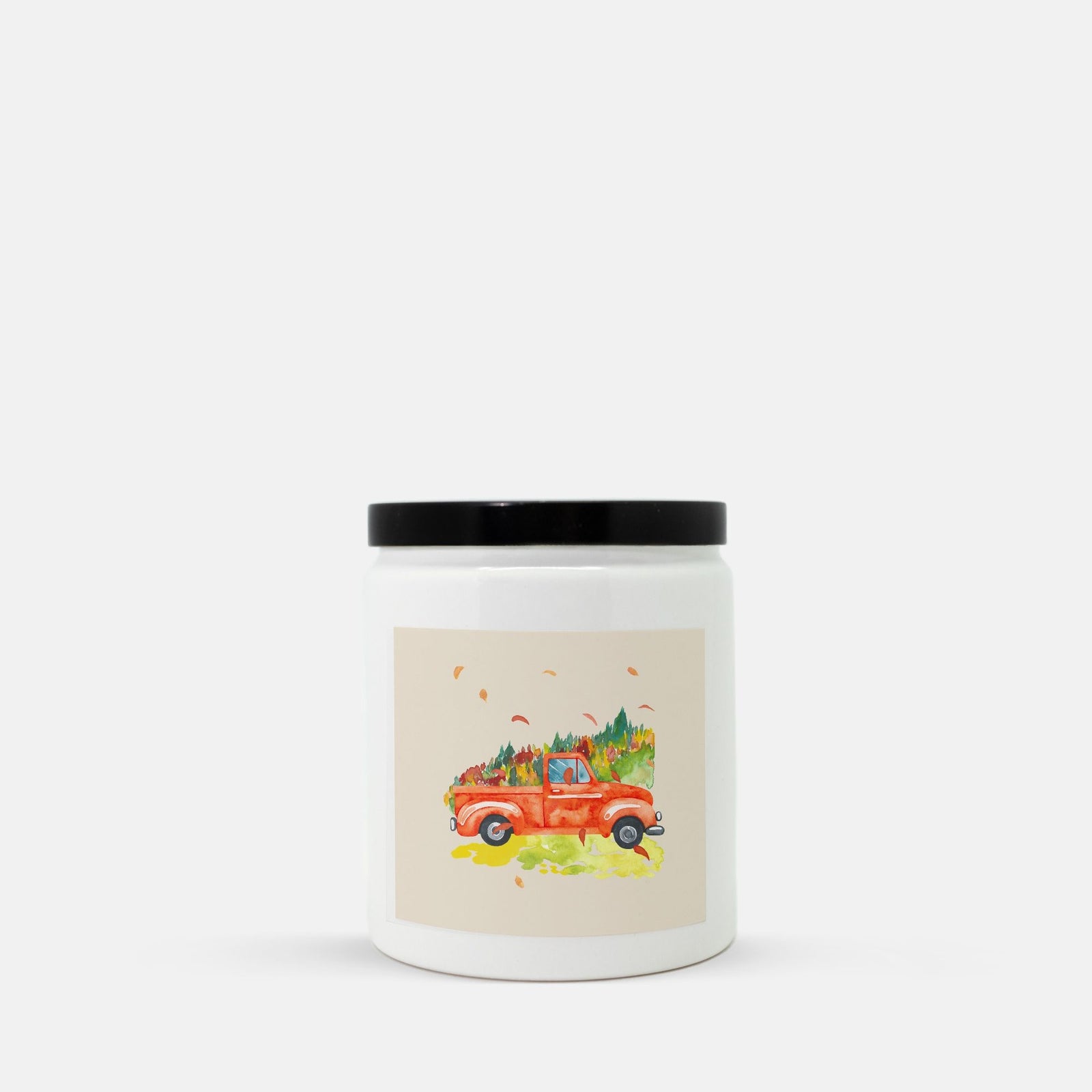 Lifestyle Details - Orange Rustic Truck & Leaves Ceramic Candle w Black Lid - Macintosh