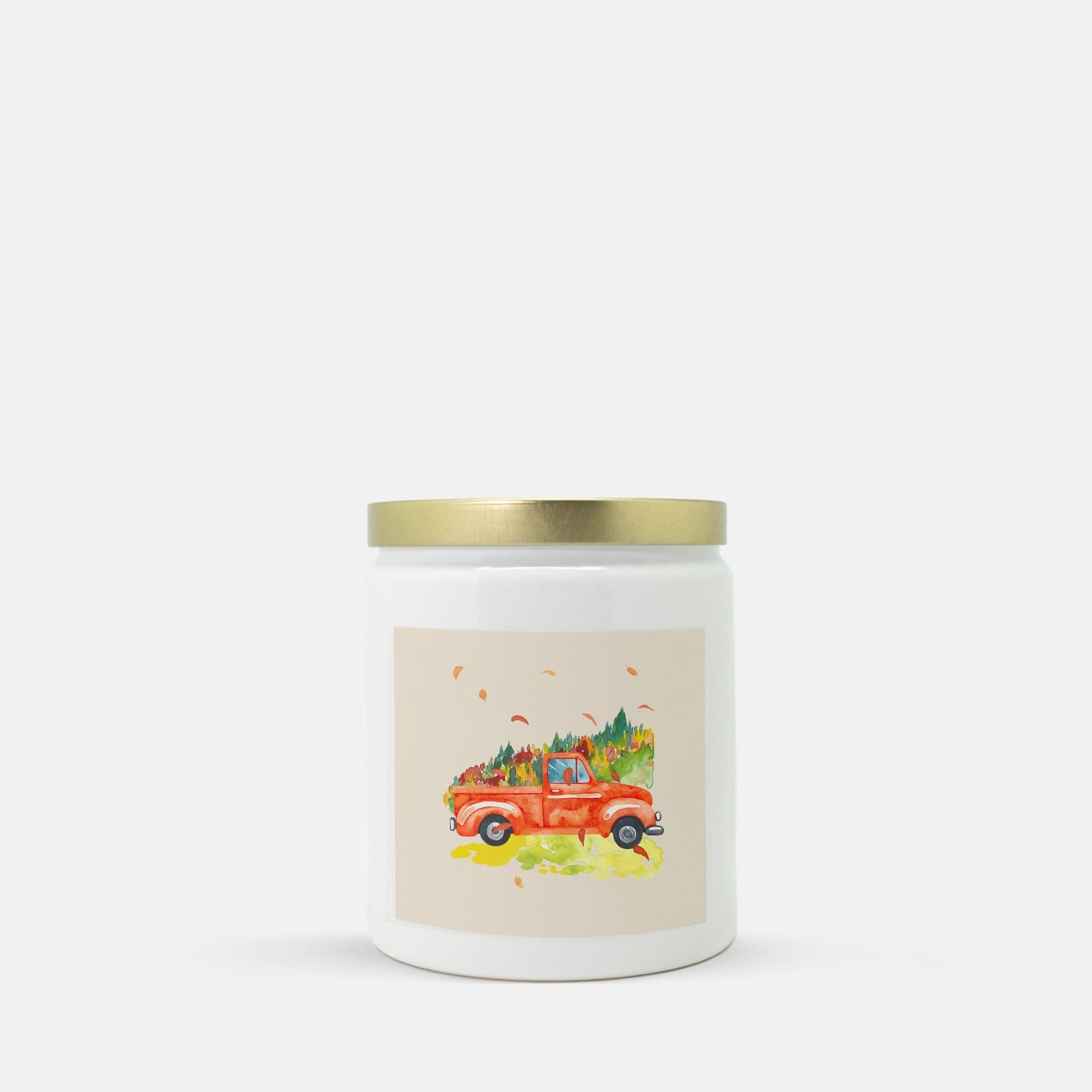 Lifestyle Details - Orange Rustic Truck & Leaves Ceramic Candle w Gold Lid - Macintosh