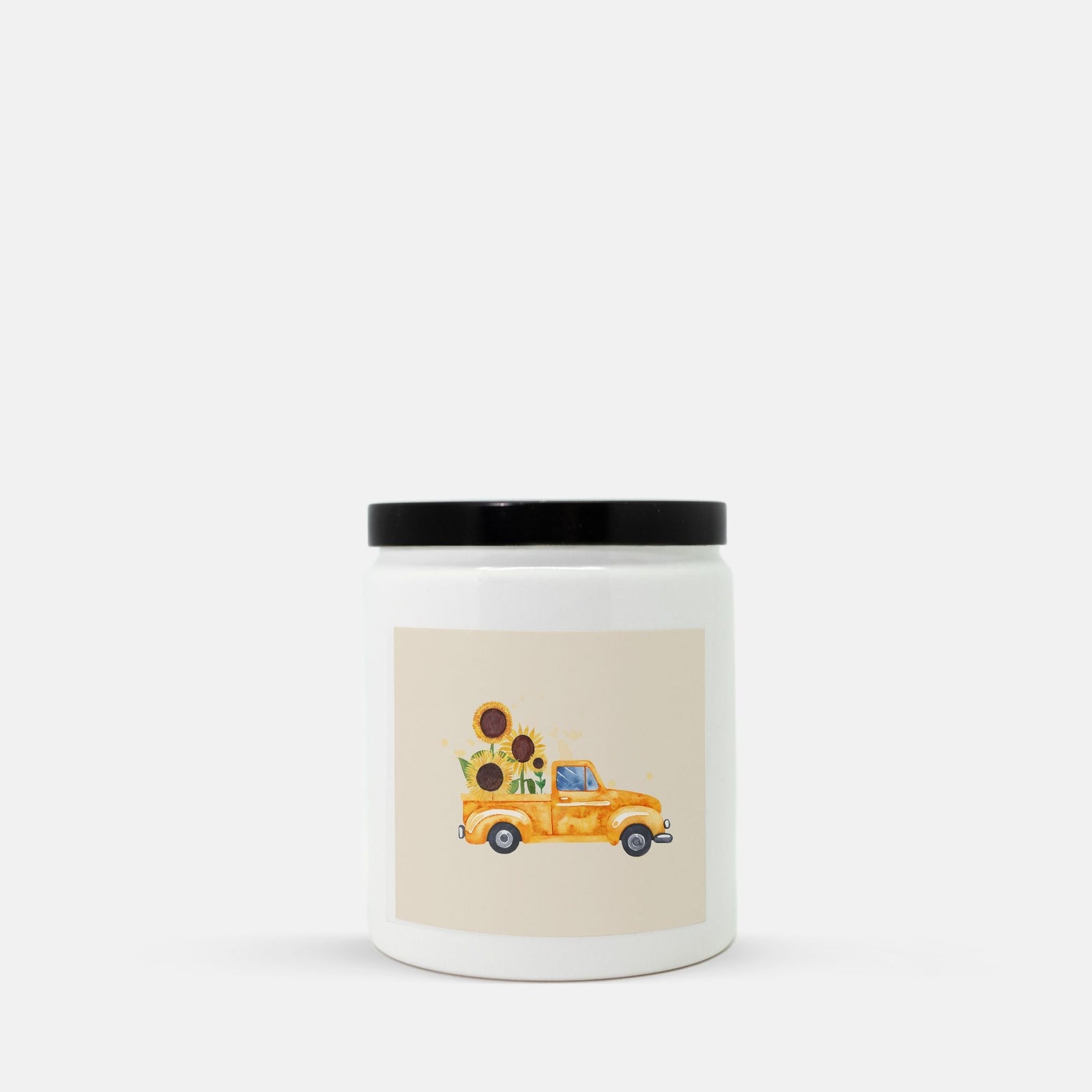 Lifestyle Details - Orange Rustic Truck & Sunflowers Ceramic Candle w Black Lid - Vanilla Bean