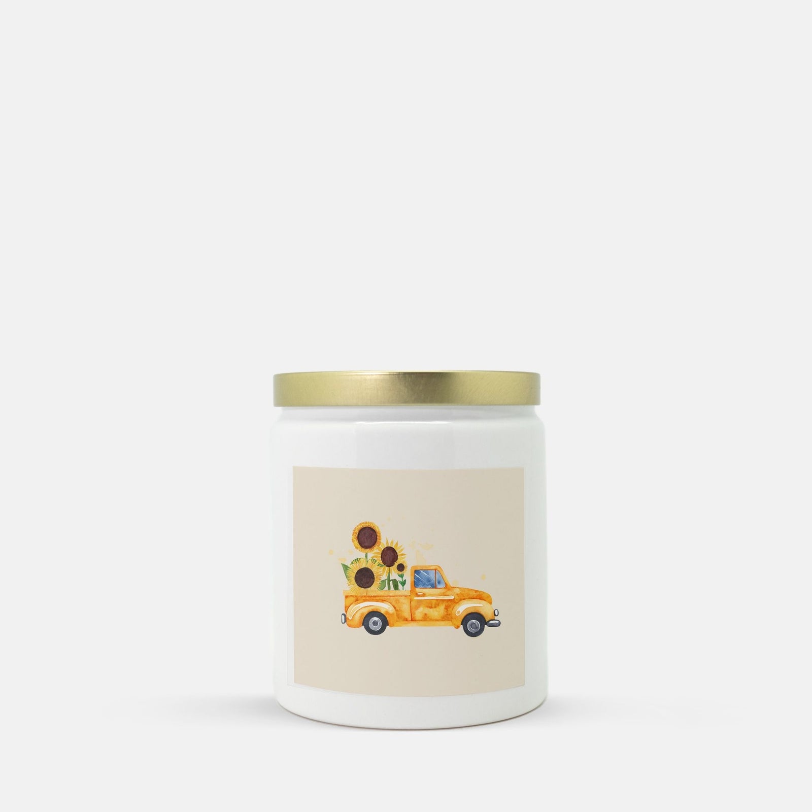 Lifestyle Details - Orange Rustic Truck & Sunflowers Ceramic Candle w Gold Lid - Vanilla Bean